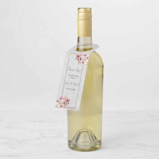 Étiquettes Pour Bouteilles Mariage en marbre blanc Lily Floral (Incliné)