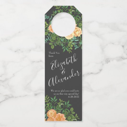 Étiquettes Pour Bouteilles Mariage Fleur Moderne Pêche Gris Foncé (Devant)