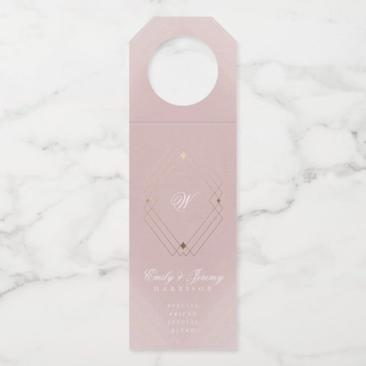 Étiquettes Pour Bouteilles Mariage Monogramme Rose Poussiéreux Or Classique (Devant)