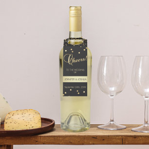 Étiquettes Pour Bouteilles Mariage personnalisé CHEERS Black Gold Confetti