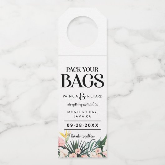 Étiquettes Pour Bouteilles Mariage Tropical de Destination Sauvegarder la Dat (Devant)