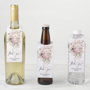 Étiquettes Pour Bouteilles merci, bouquet de fleurs rose aquarelle mariage