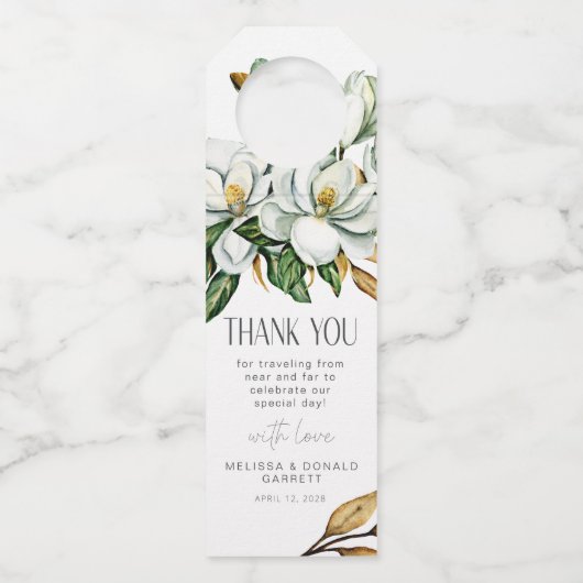 Étiquettes Pour Bouteilles Merci de Mariage floral Magnolia blanc (Devant)