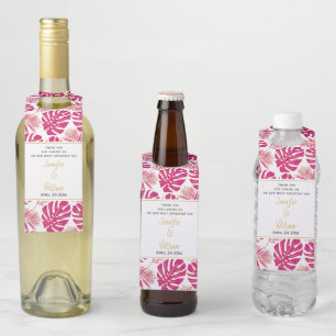 Étiquettes Pour Bouteilles Moderne magenyta rose, or tropical feuille mariage
