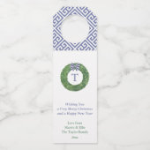 Étiquettes Pour Bouteilles Monogramme couronne Bleu Blanc Bow Joyeux Noël (Devant)