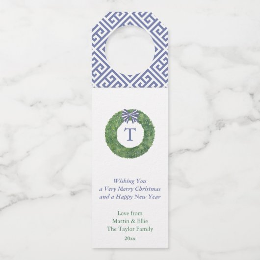 Étiquettes Pour Bouteilles Monogramme couronne Bleu Blanc Bow Joyeux Noël (Devant)