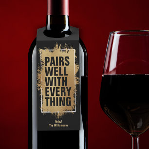 Étiquettes Pour Bouteilles PAIRES BIEN AVEC TOUT L'huile d'or sur noir