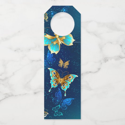 Étiquettes Pour Bouteilles Papillons dorés sur fond bleu (Devant)
