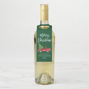 Étiquettes Pour Bouteilles Pinceau Script Camion de Noël Vintage Vert