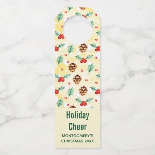 Étiquettes Pour Bouteilles Pine Cones et Motif de Noël Holly (Devant)