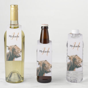 Étiquettes Pour Bouteilles Portrait de vache Highland nom personnalisé monogr