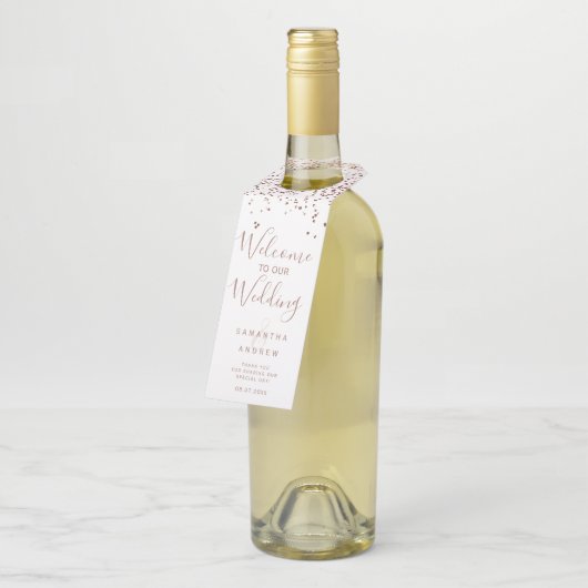 Étiquettes Pour Bouteilles Rose or confetti blanc accueil mariage (Incliné)