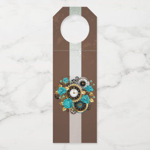 Étiquettes Pour Bouteilles Steampunk Clock and Turquoise Roses on Striped