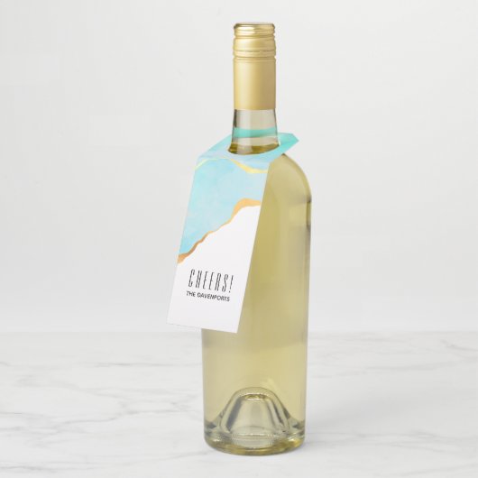 Étiquettes Pour Bouteilles Tranquille Tropical Vert Bleu avec bordure or (Incliné)