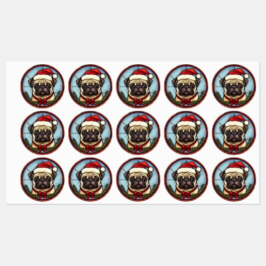 Étiquettes Pug Vitrail de Noël (Feuille)