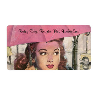 Étiquettes roses de jour pluvieux de parapluie de