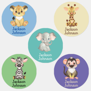 Étiquettes Safari Lion Giraffe Elephant Zebra Monkey Boy