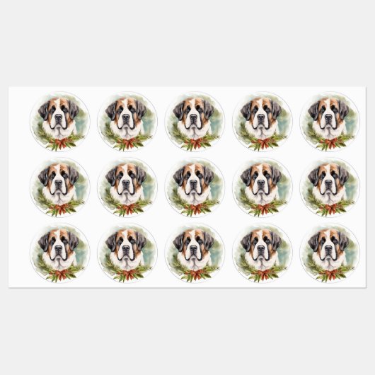 Étiquettes Saint Bernard Christmas Wreath Festive Pup (Feuille)