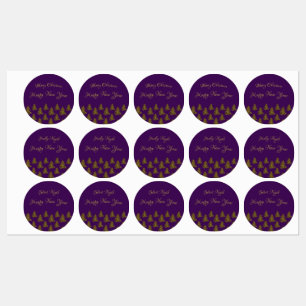 Étiquettes Sapin de Noël doré scintillant sur Noël violet