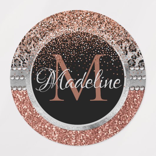 Étiquettes Stylish Girly Rose Gold Glitter Leopard Monogram (Design 1)