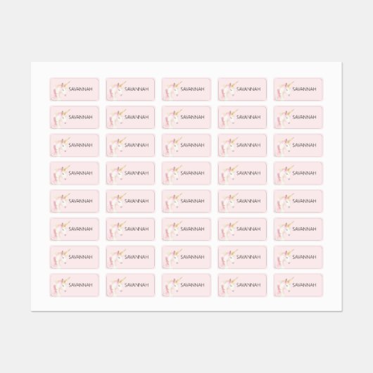 Étiquettes Unicorn rose nom fille (Feuille)