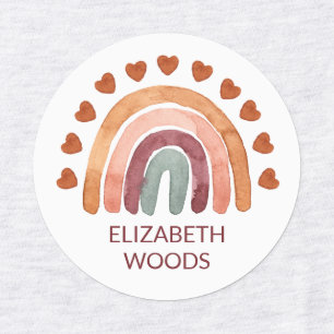 Étiquettes Watercolor Modern Boho Rainbow & Heart Name School