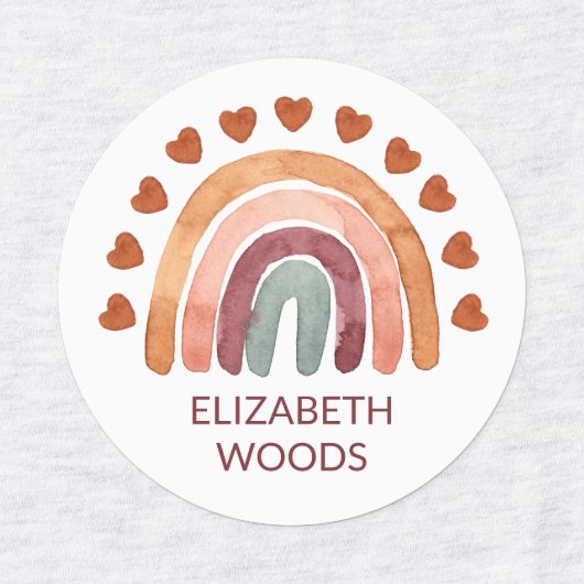 Étiquettes Watercolor Modern Boho Rainbow & Heart Name School (Design 1)