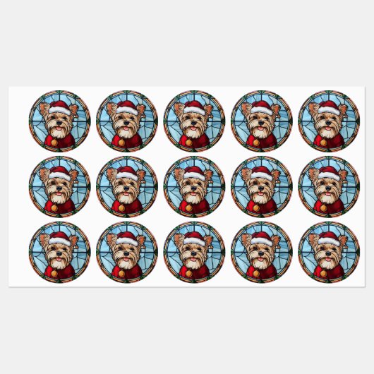 Étiquettes Yorkshire Terrier Vitrail de Noël (Feuille)