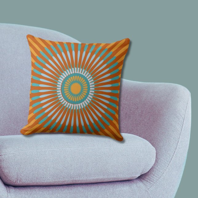 Etnisch blauw en Sinaasappel gecentreerd Star Flow Kussen (Ethnic Blue and Orange Centered Star Flower Throw Pillow)