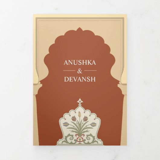 Etnisch Indisch Ivoorboog Sinaasappel Terracotta B Drieluik Uitnodiging (Cover)