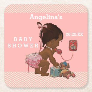  Etnisch Meisje op telefoon Baby shower Chevrons Vierkante Kartonnen Onderzetter