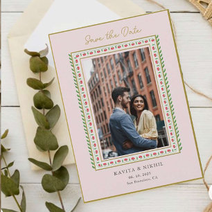 Etnisch ventilatorgrens Roze foto bespaart dag Aankondigingskaart