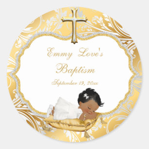 Etnische babymeisje doop gouden kruis ronde sticker