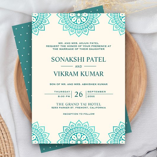 Etnische beige en Blauwgroen Mandala Indian Weddin Kaart