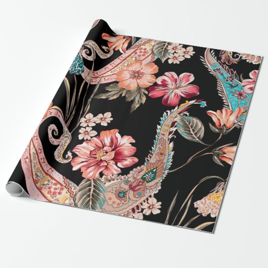 Etnische bloemen en bladeren met  eele paisley cadeaupapier (Uitgerold)