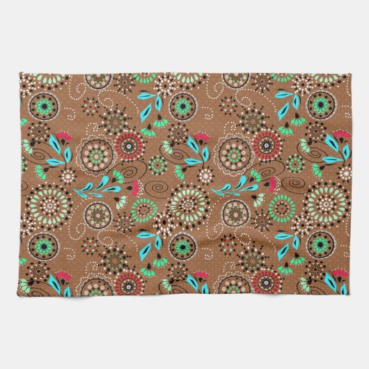 Etnische folk abstract bloemmotief retro bruin theedoek (Horizontaal)