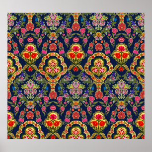 Etnische Mogal Bloemen: Blauw naadloos patroon Poster
