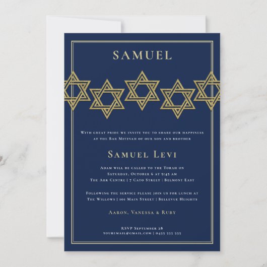 Étoile de David d'or des invitations | de Mitzvah (Devant)