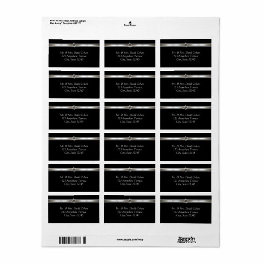 Étoile de David Étiquette de adresse noir (Feuille entière)