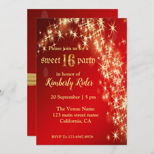 Étoile De Nuit Starry En Rouge Invitations Anniver (Devant / Derrière)