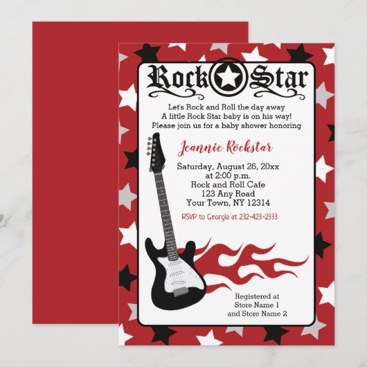 Étoile de Rock Rouge Guitare Rock a Bye Invitation (Devant / Derrière)