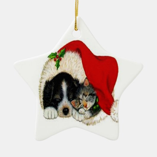 Étoile En Céramique Ornement de chien et de chat de Noël (Devant)