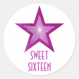Étoile rose 'Sweet sixteen' rond autocollant blanc