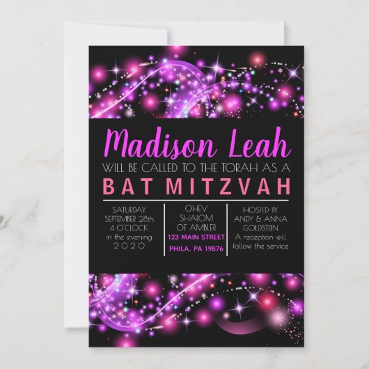 ÉTOILES À COULEUR ROSE Invitation Bat mitzvah (Devant)