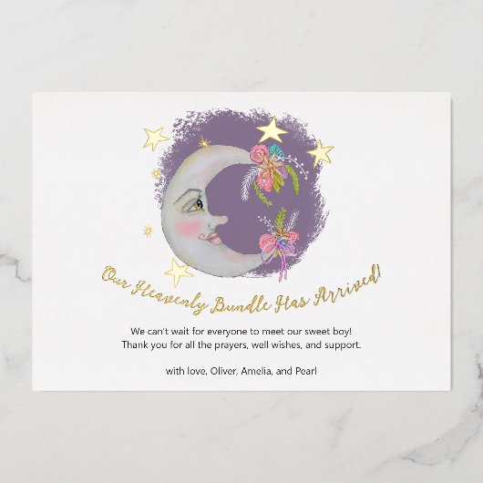 Etoiles célestes de lune Faire-part de naissance (Recto)