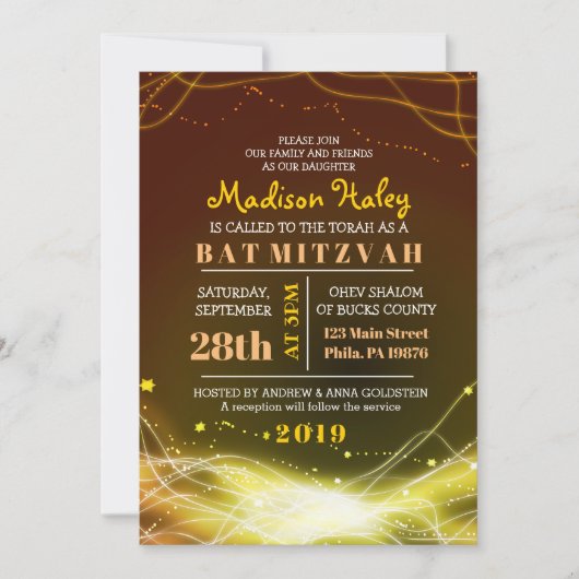 ÉTOILES DE NEON Bat mitzvah Invitation OR (Devant)
