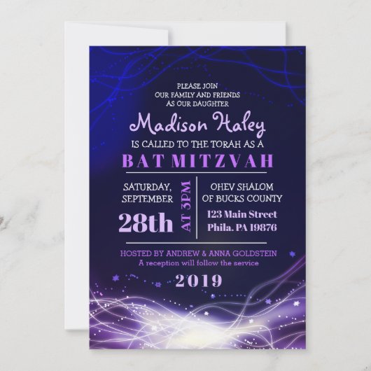 Étoiles de néon brillant Invitation Bat mitzvah vi (Devant)