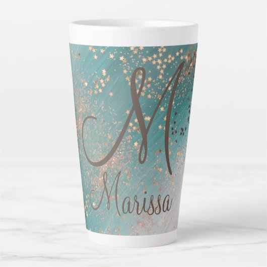 Étoiles d'or Monogram sur Mug en latte Turquoise (Devant)
