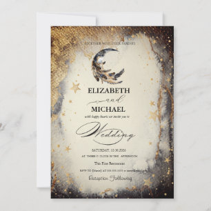 Étoiles dorées célestes Lune Plume Invitation Somb