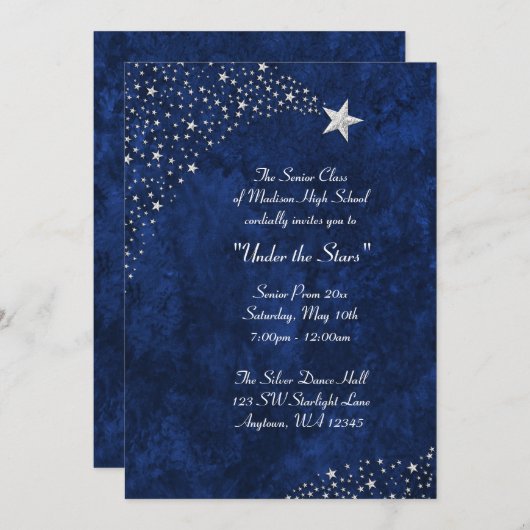 Étoiles en chute d'argent Bleu Prom Invitations of (Devant / Derrière)